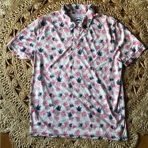 Men's Pink and Blue Palm Print Polo Shirt